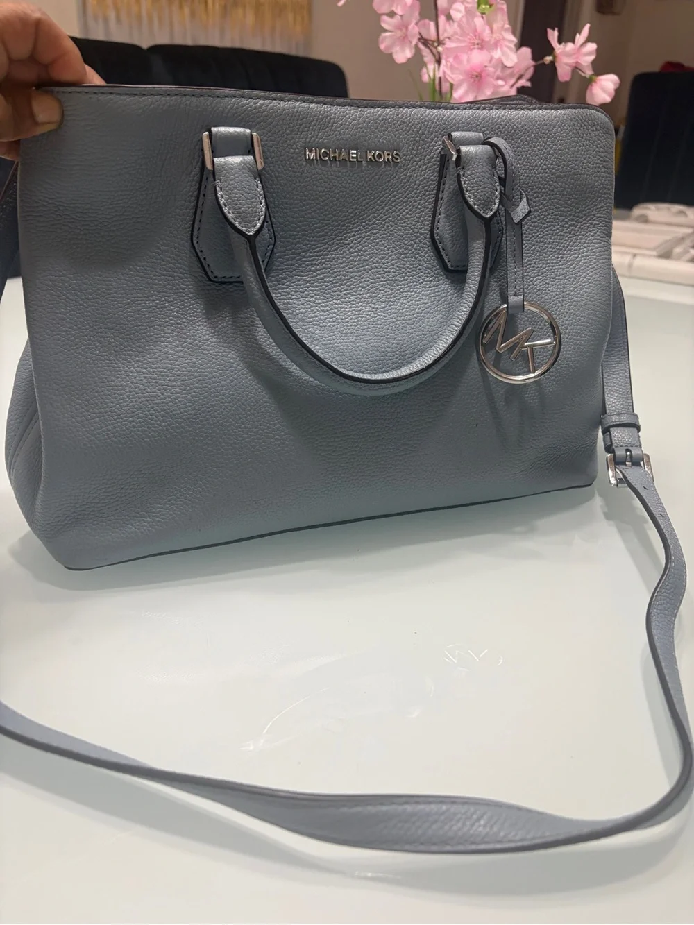 Michael Kors Dusty Blue Pebbled Leather Satchel with Strap